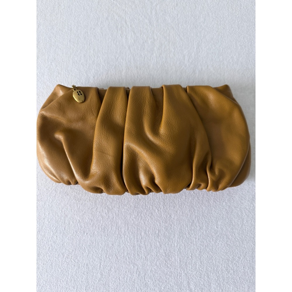 STAUD Bean Bag Clutch Women Small Tan Brown Ruched Leather Pleated NO STRAP